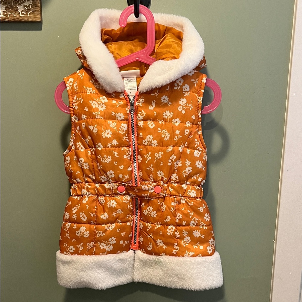 Little Lass Orange Floral Puffer Vest with White Trim